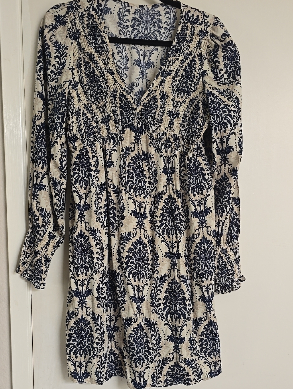 Ivory and Navy Floral Print V-Neck Smocked Women's Dress